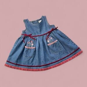 Starting Out Baby Girls Denim Jumper Dress 12M Embroidered Pockets Velvet Trim